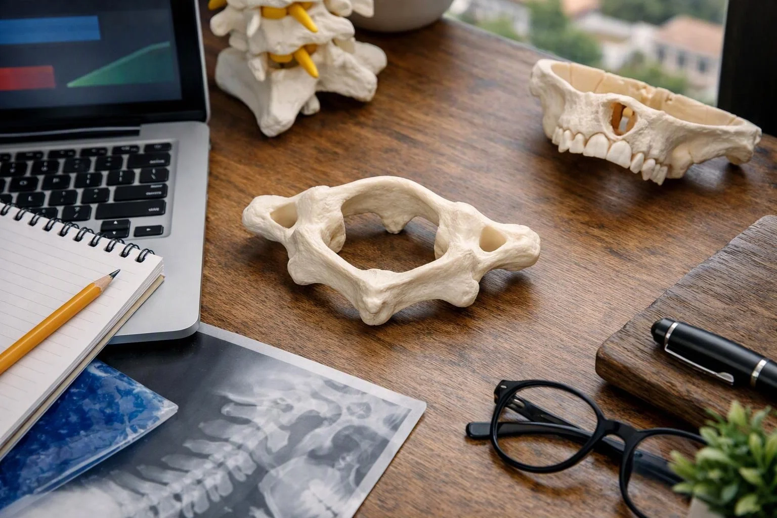 A desk holds vertebrae models, an X-ray print, a laptop, a notebook, glasses, and a pen