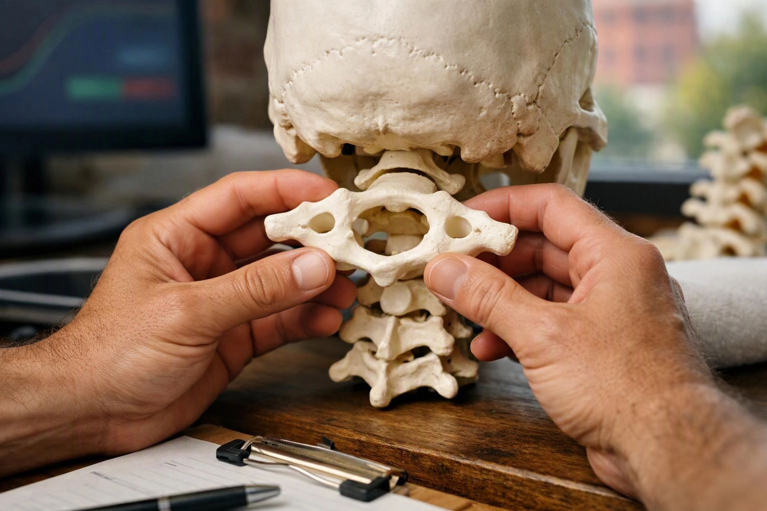Hands hold a neck vertebra in front of a human skull model on a wooden desk