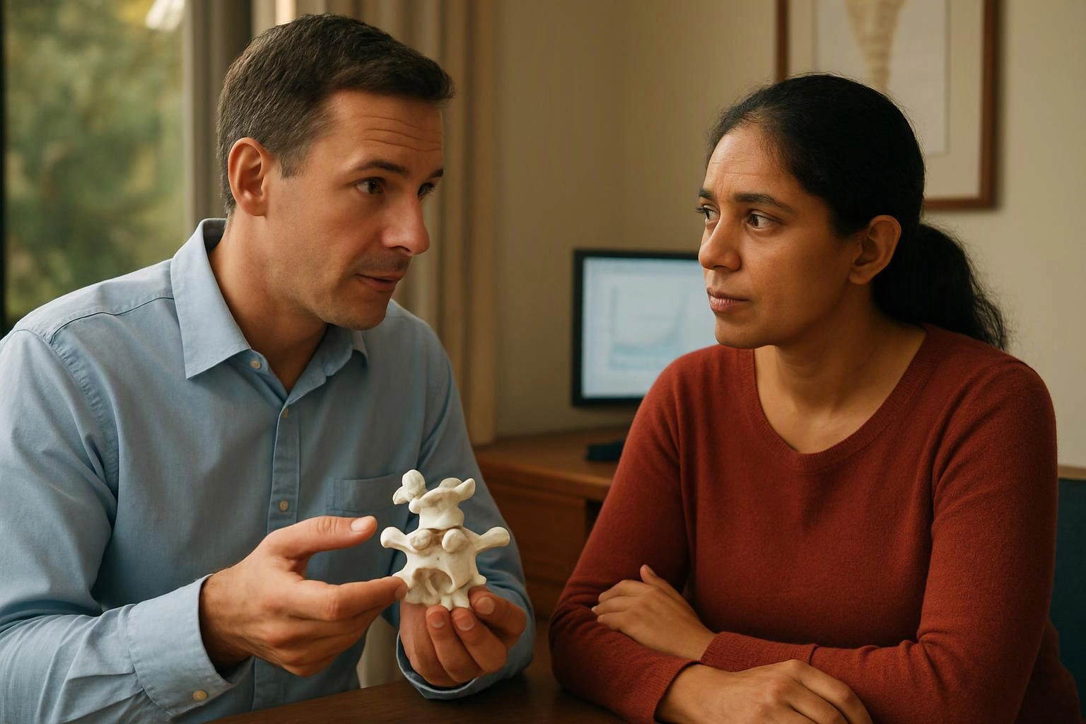 A man shows a small spine model to a woman across a desk in a bright office