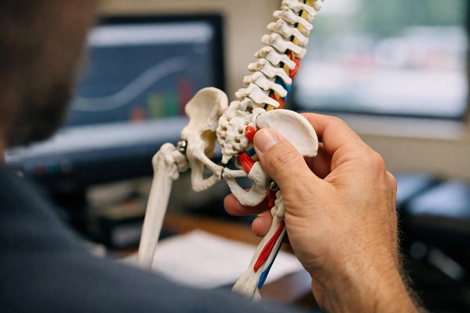 A hand holds a plastic pelvis and spine model beside blurred computer screens in an office-like setting