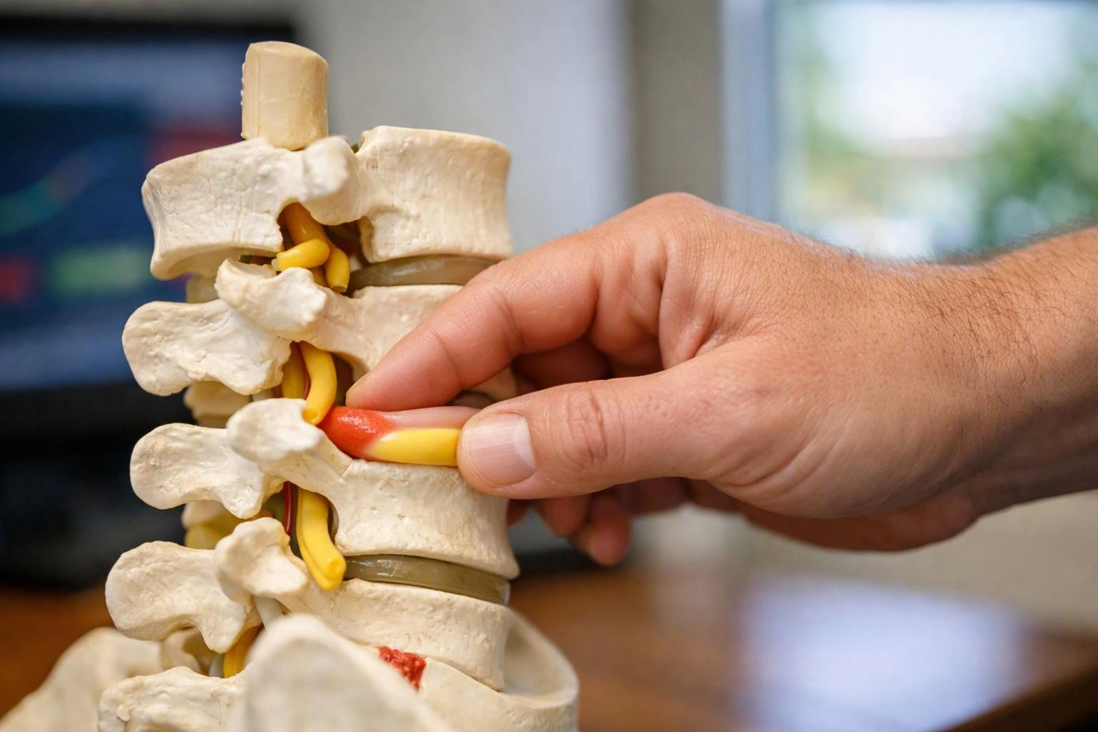 A hand presses a yellow and red spinal nerve model beside stacked vertebrae indoors