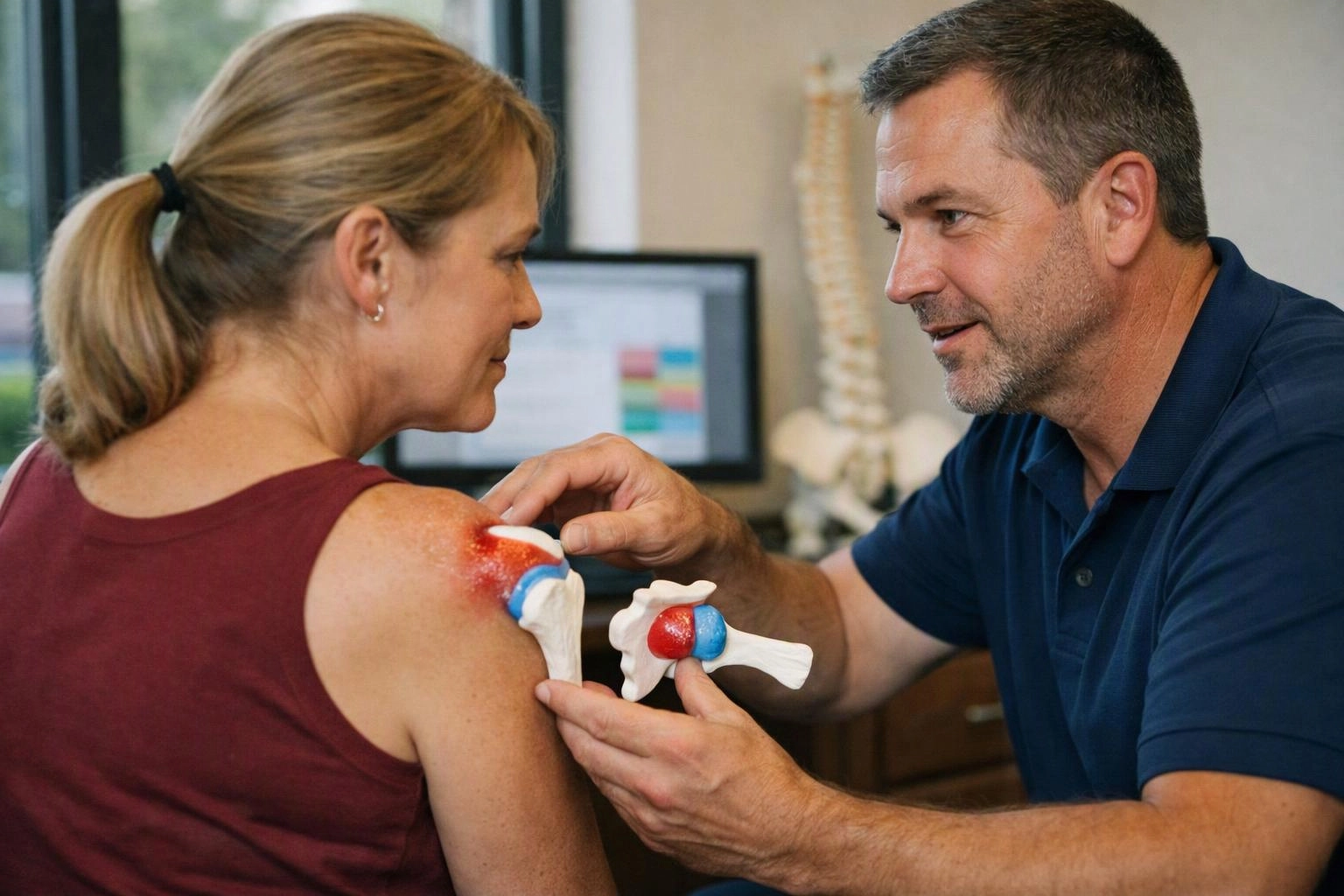 A doctor examines a woman’s shoulder with joint models in a medical office