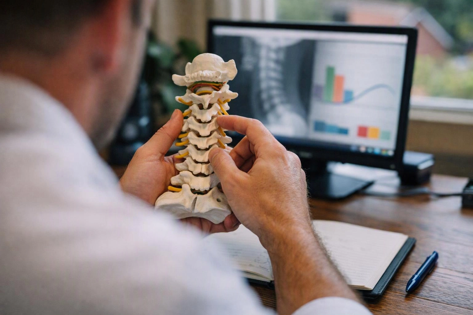 A person studies a plastic spine model at a desk with a computer showing medical images and charts