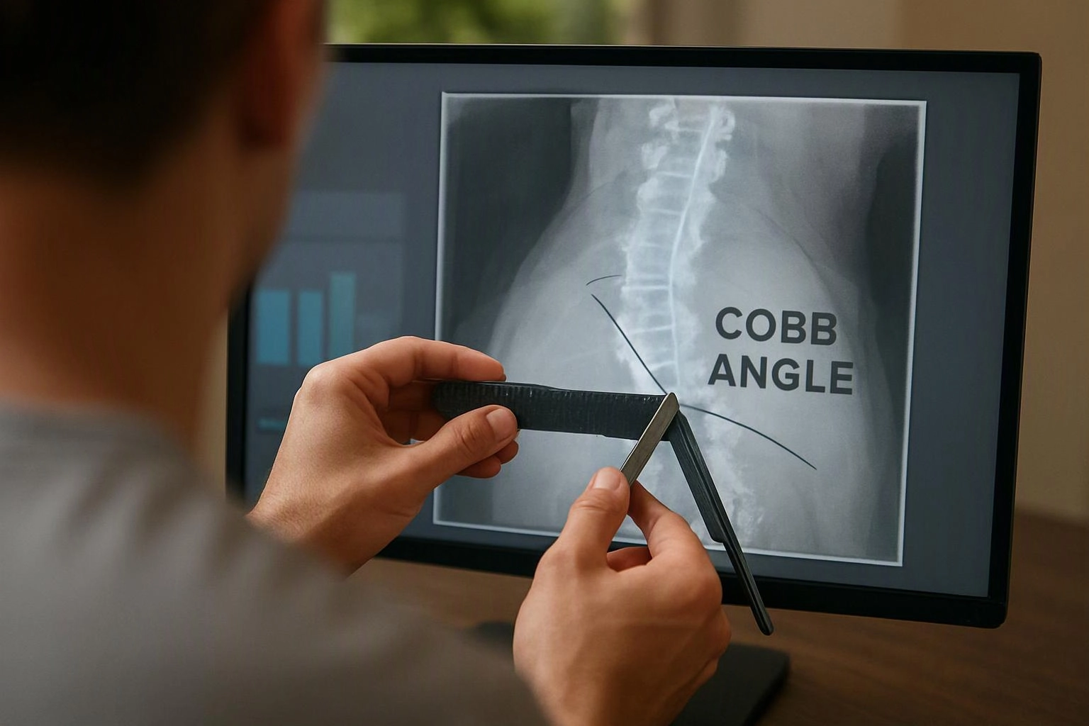 A person measures a spine X-ray on a monitor with a ruler labeled Cobb angle