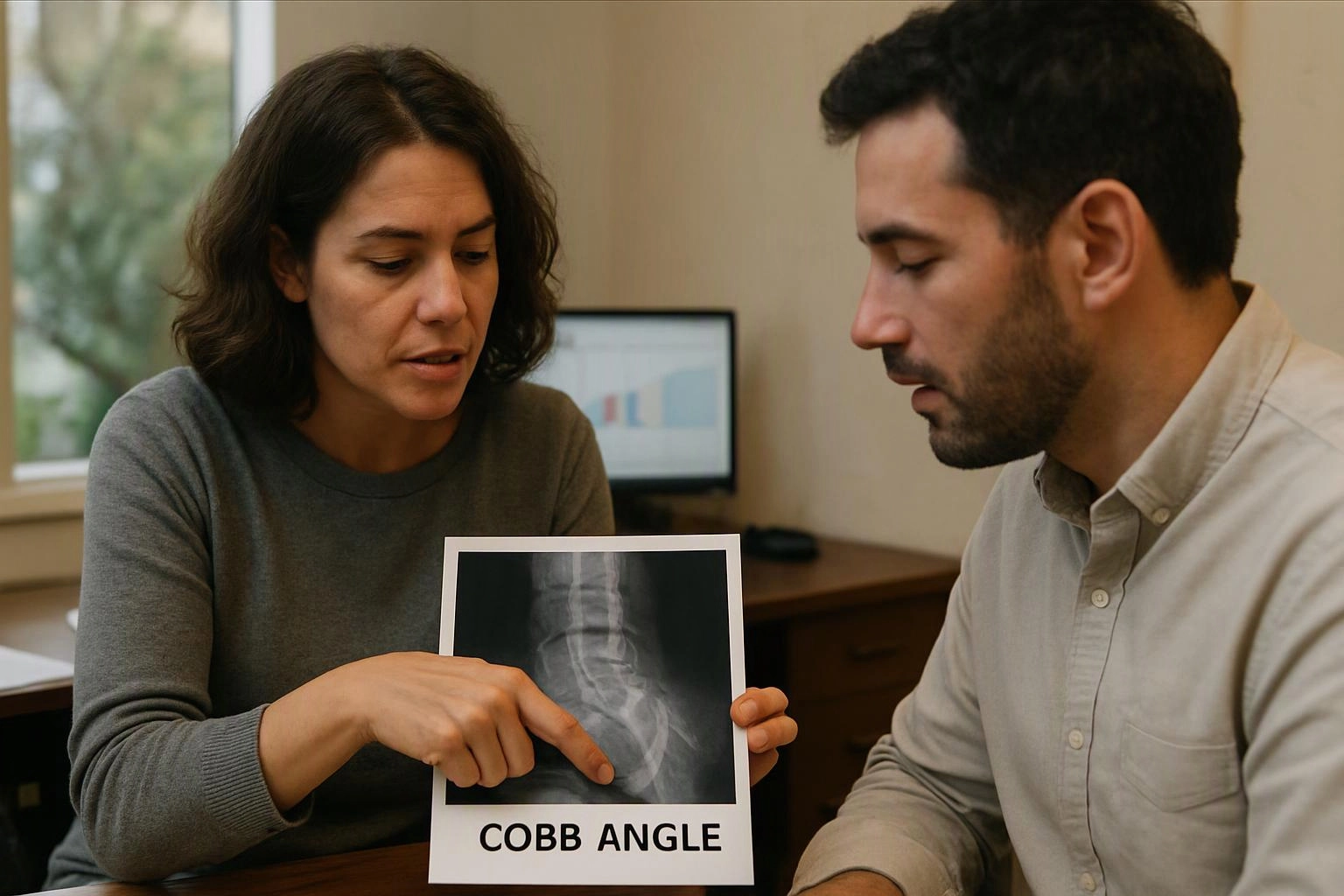 A woman points to a spine X-ray labeled “COBB ANGLE” while a man listens across a desk in an office