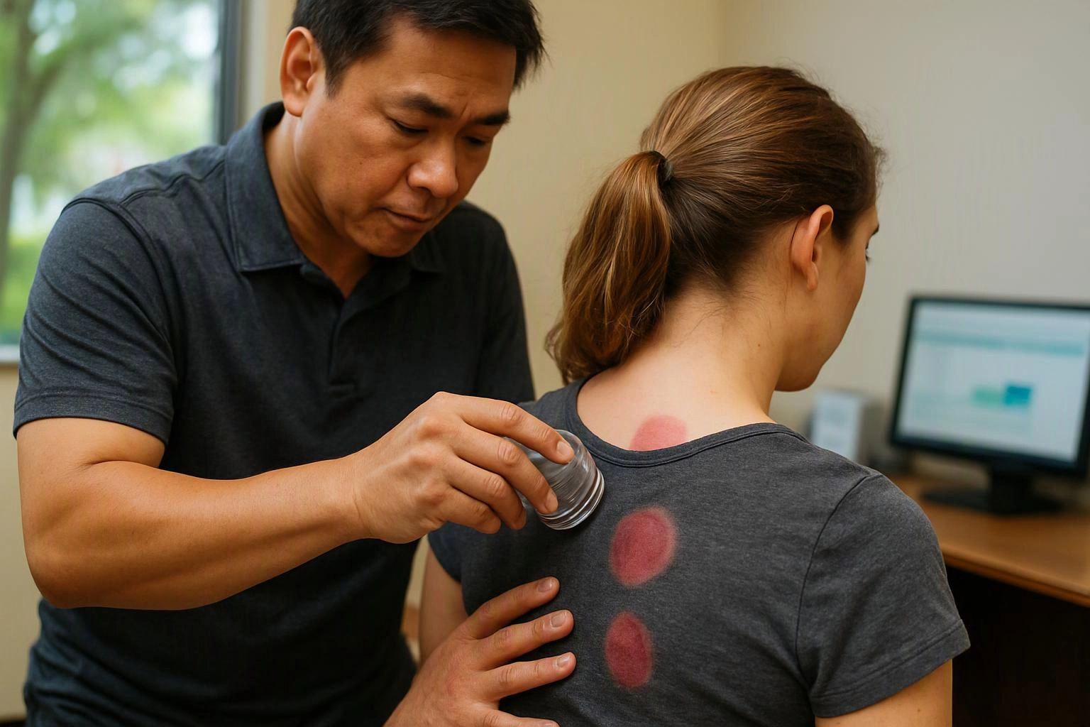 A man uses a suction cup on a woman’s upper back in a clinic room