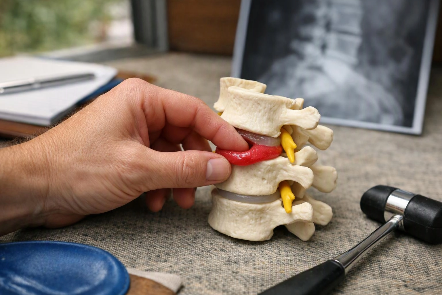 A hand presses a red disc into a spine model beside a blurred X-ray and a reflex hammer on a table