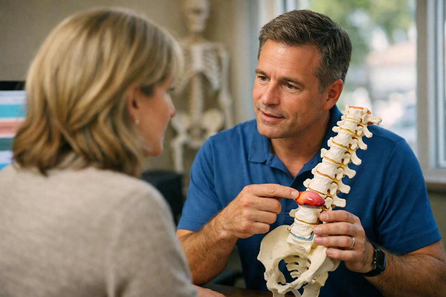 A man in a blue shirt points to a spine model while talking to a woman in an office