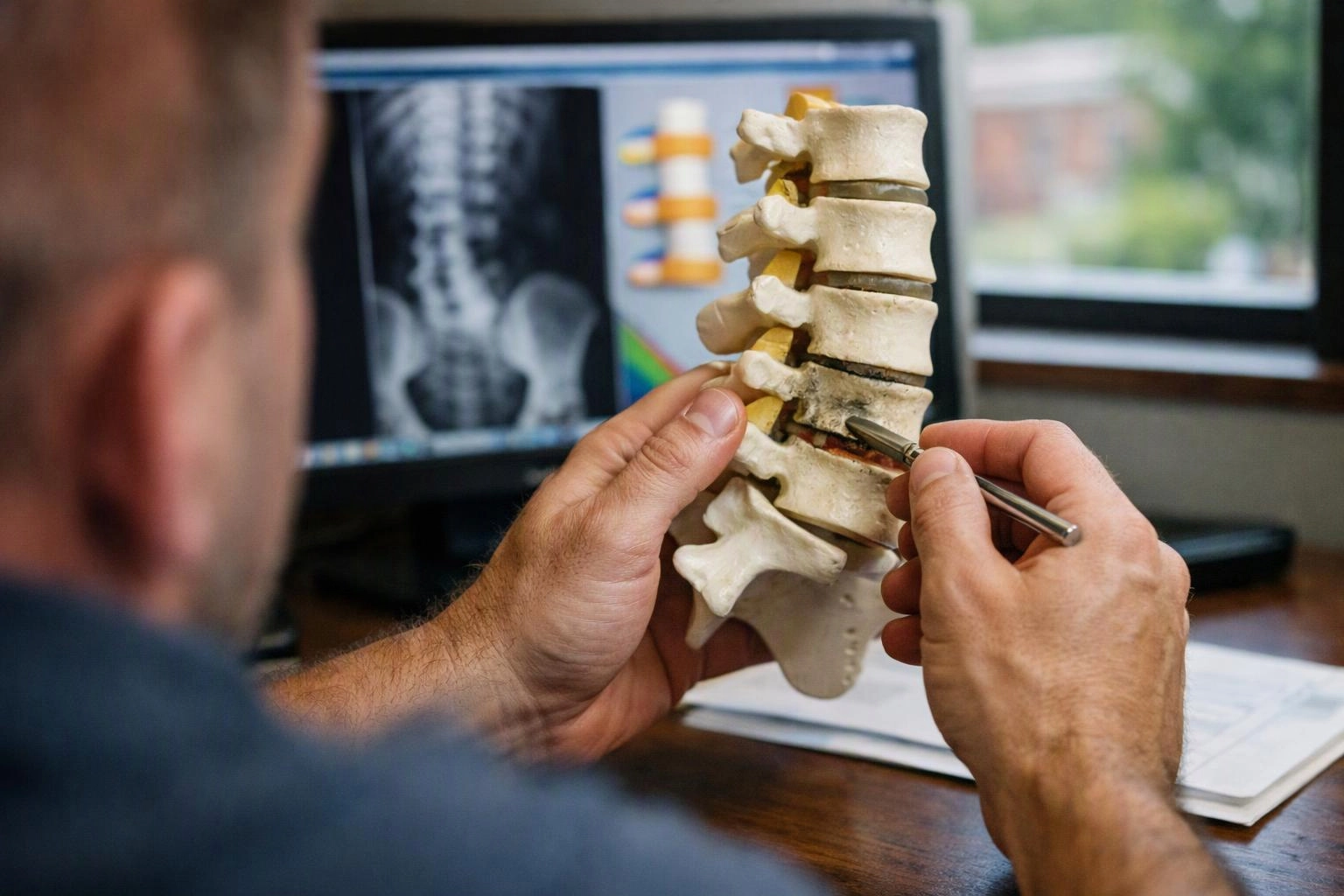 A man examines a spine model with a metal tool beside a computer showing an x-ray image