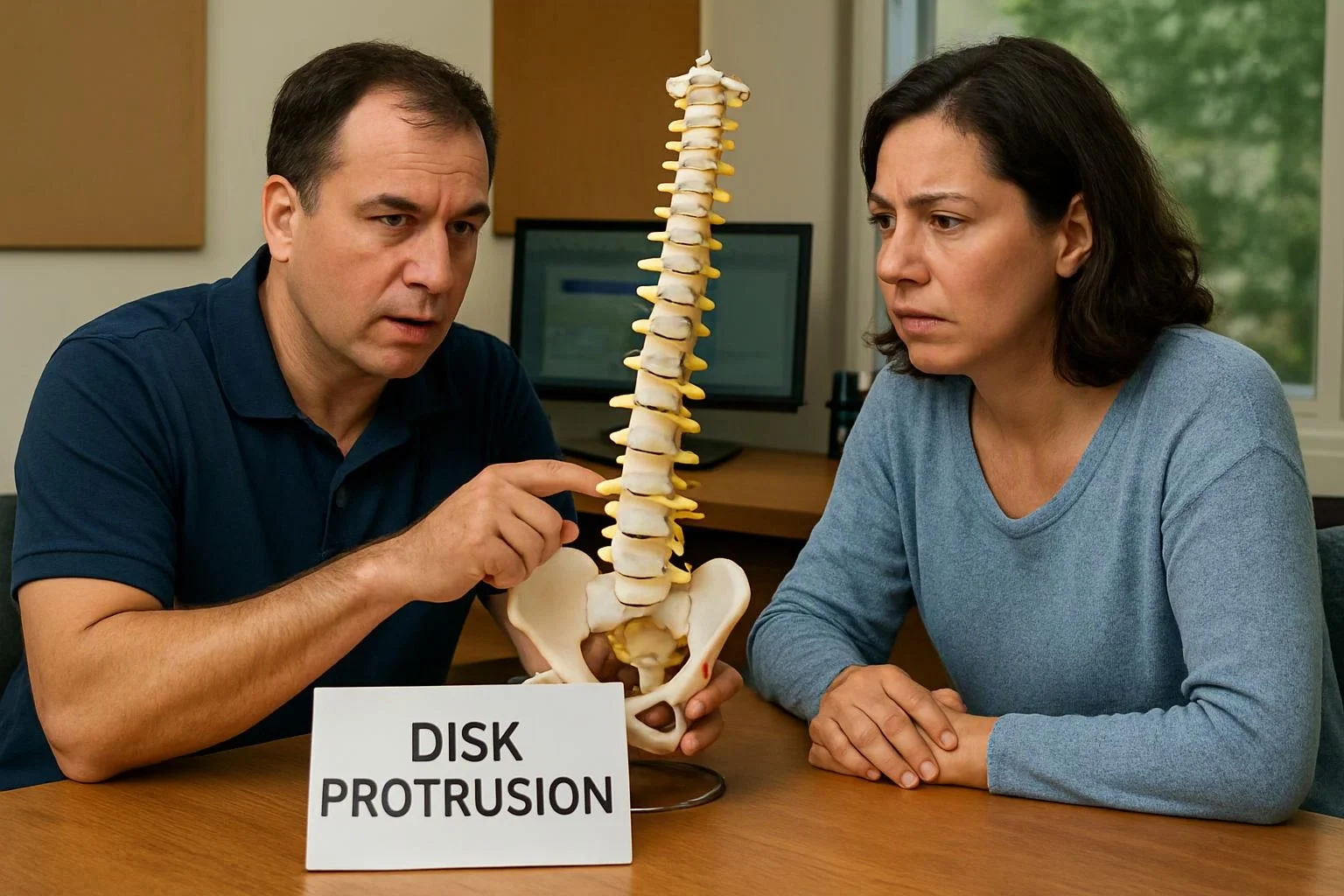 A man points to a spine model while a woman watches a desk sign reading "DISK PROTRUSION"