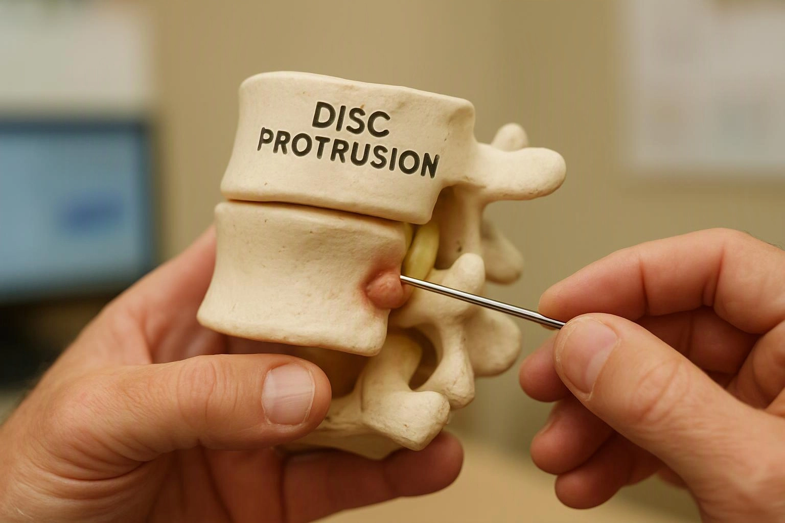 Hands point to a spine model labeled disc protrusion with a metal probe indoors
