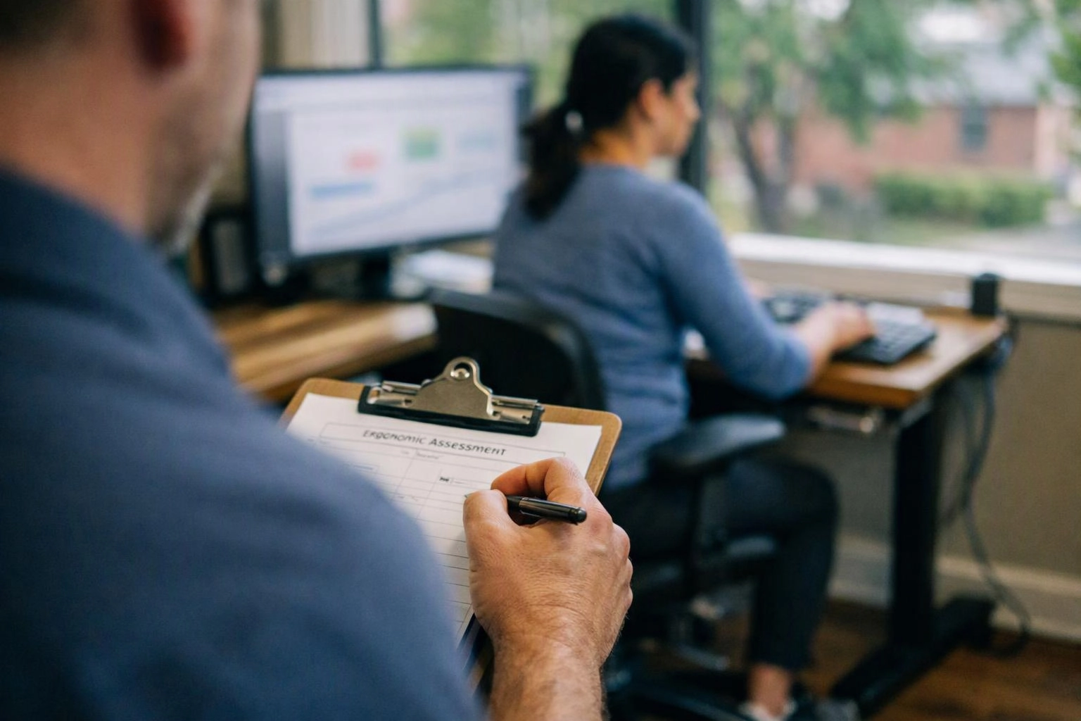 A man writes on an ergonomic assessment clipboard while a woman types at a desk by a window