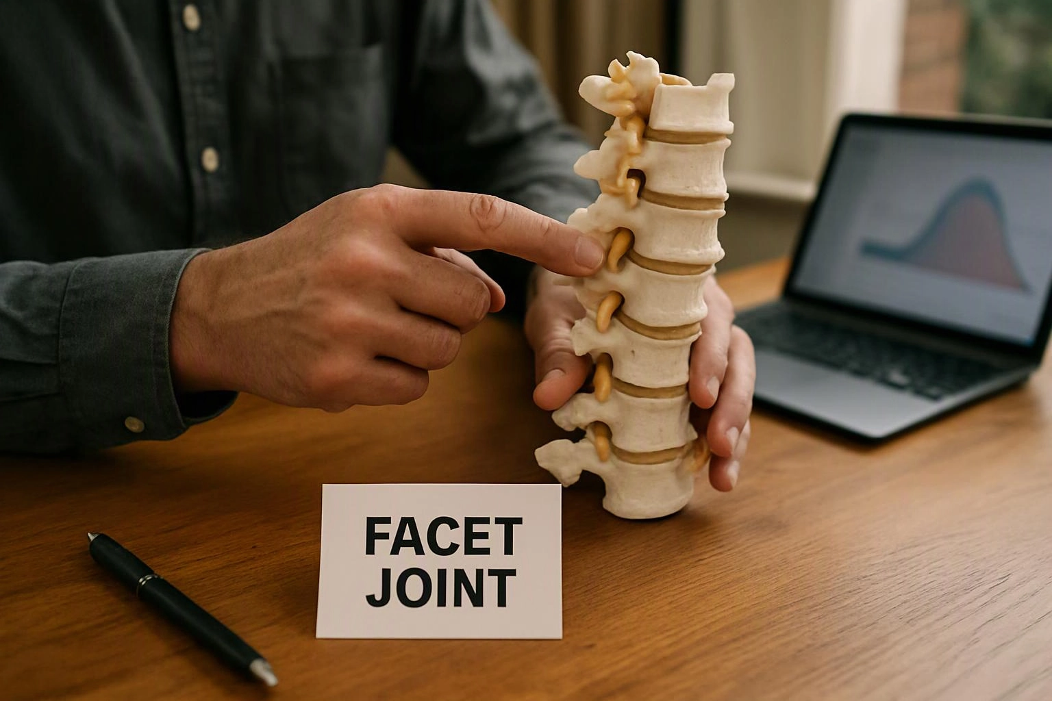 A person points at a spine model beside a laptop, with a card reading “FACET JOINT” on the desk