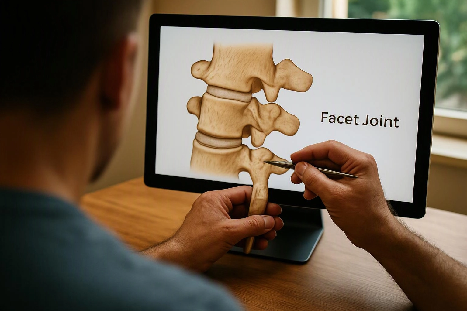 A person points at a spine diagram on a desktop monitor labeled “Facet Joint”