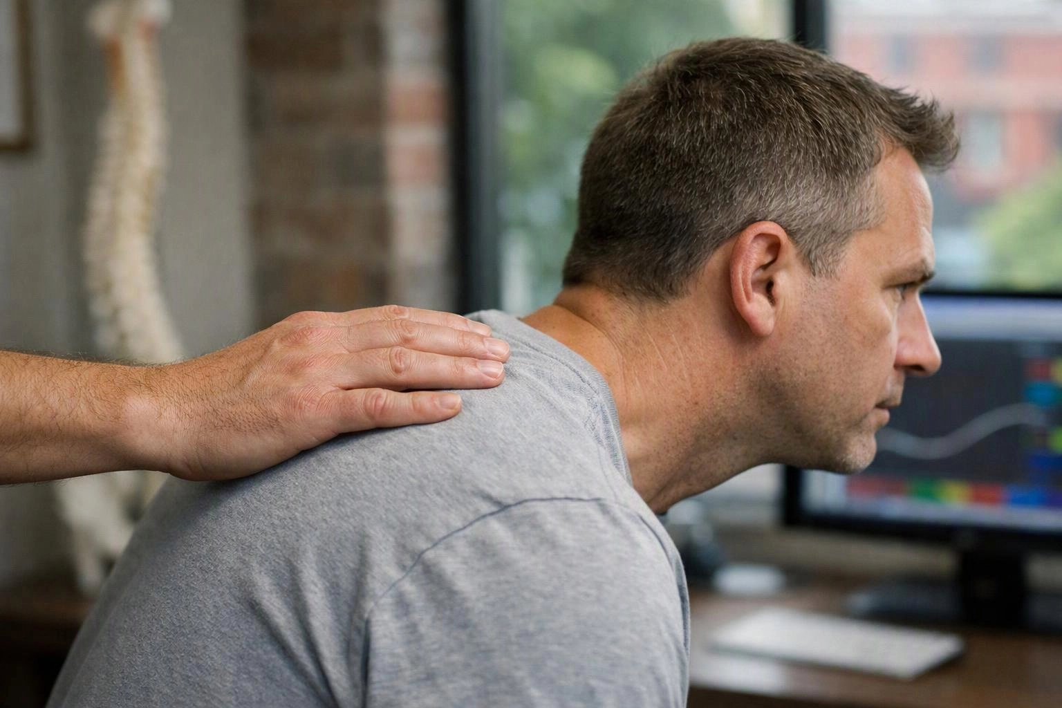 A hand rests on a seated man’s shoulder as he leans toward a desk and monitor in an office-like room