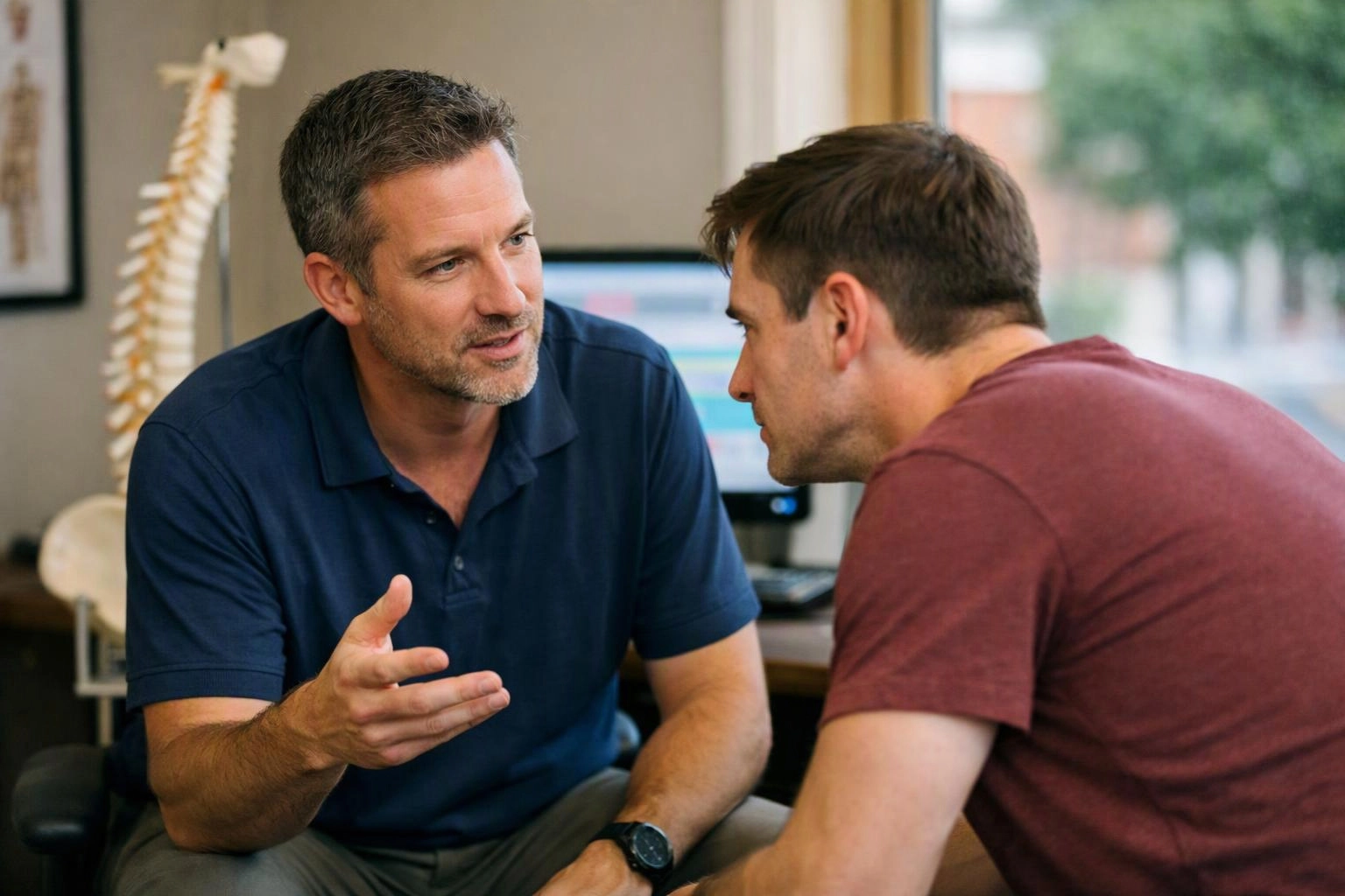 Two men lean toward each other in an office, talking beside a computer monitor and spine model