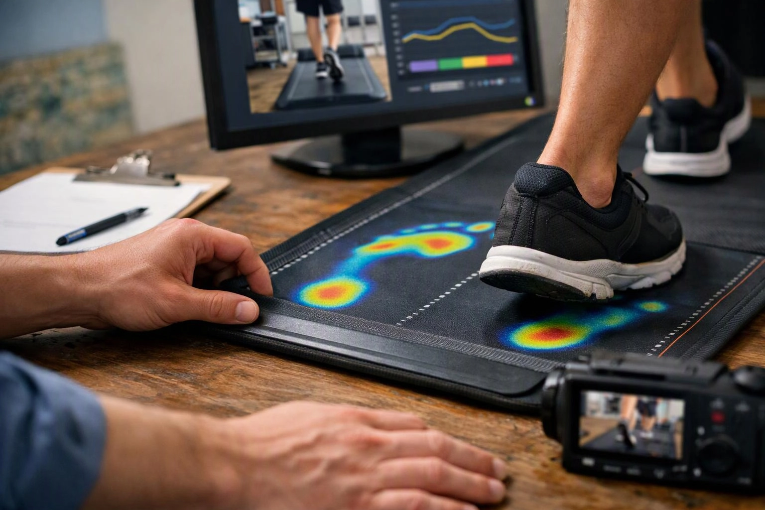 Hands adjust a foot on a pressure-sensing mat while a monitor displays walking data in a studio