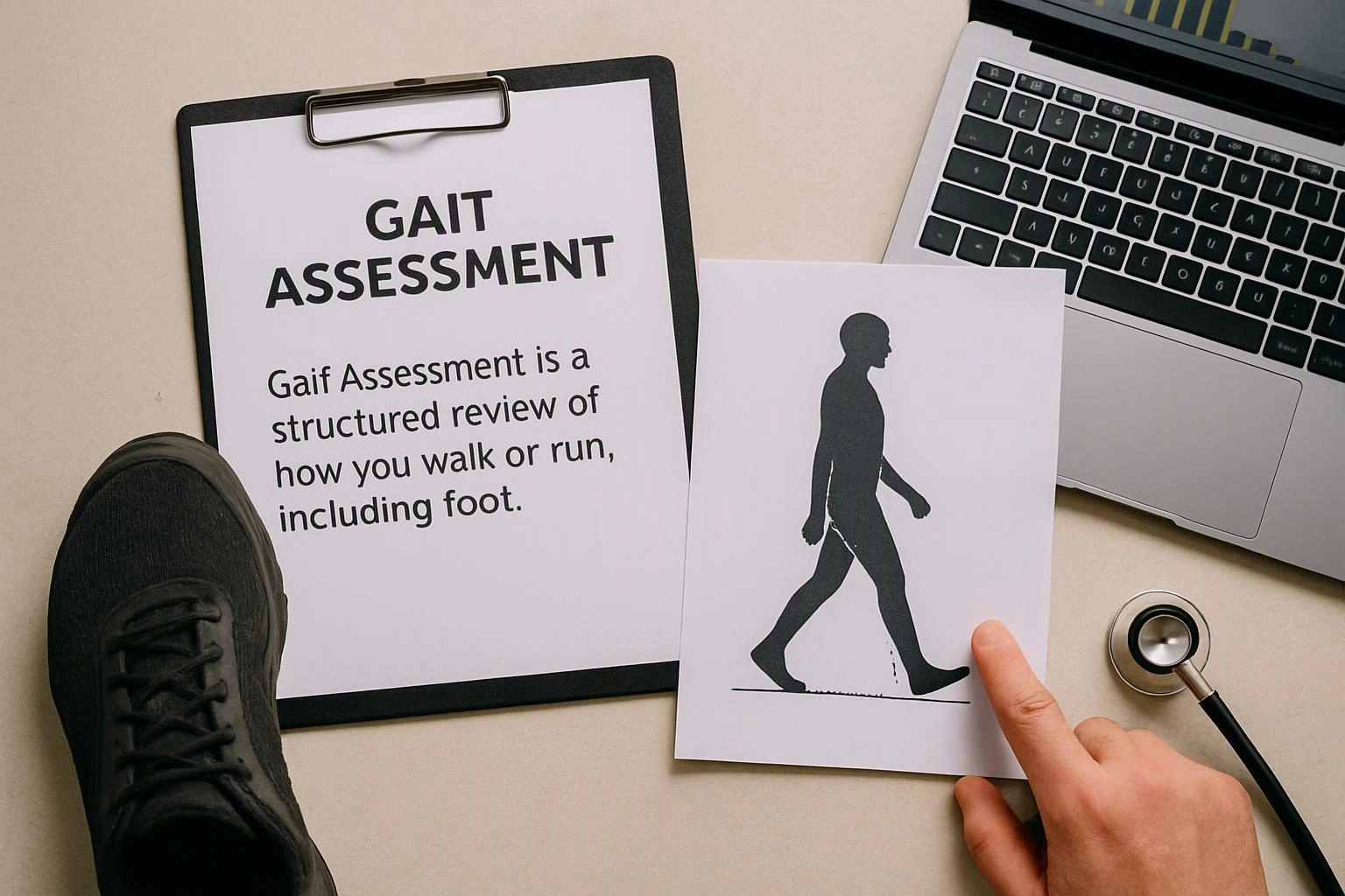 A clipboard, laptop, sneaker, and stethoscope sit beside gait assessment papers showing a walking silhouette and text