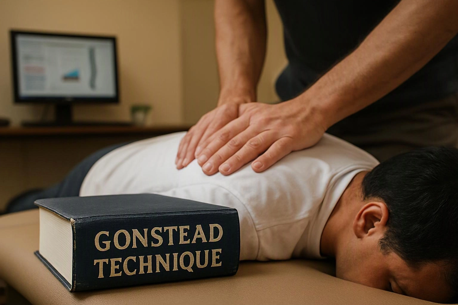 A therapist presses both hands on a person lying face down beside a book labeled “GONSTEAD TECHNIQUE”