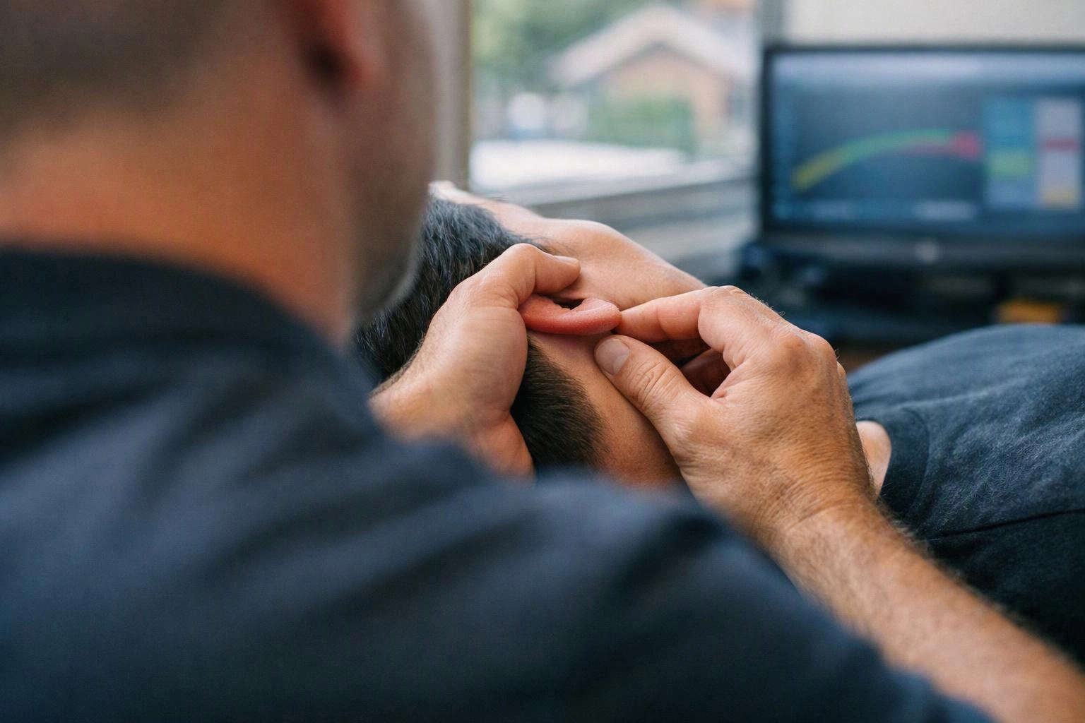 A person examines another person’s ear closely in a bright room with a blurred laptop nearby