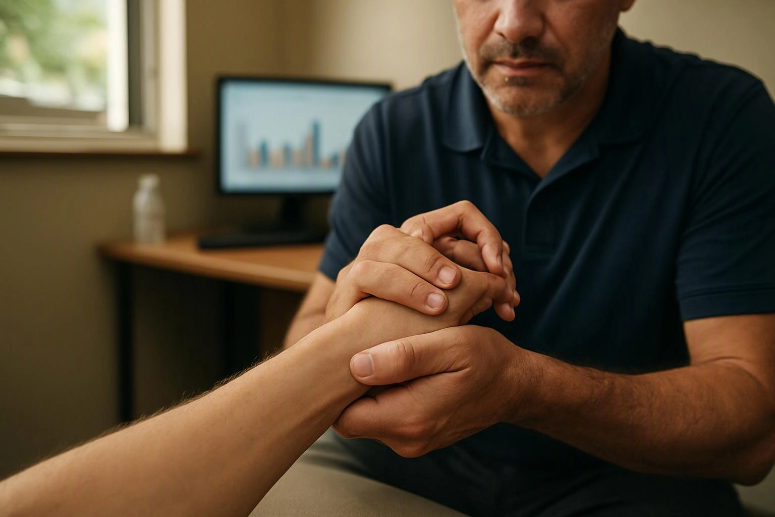 A man in a navy shirt gently holds another person’s hand in a small office with a computer screen behind him