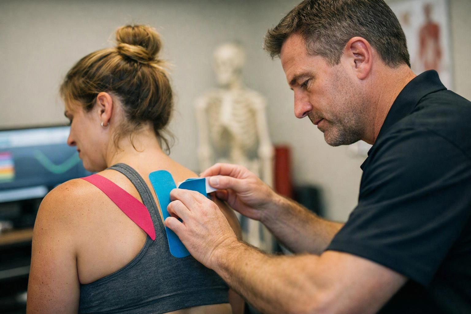 A man applies blue and pink kinesiology tape to a woman’s upper back in a clinic room