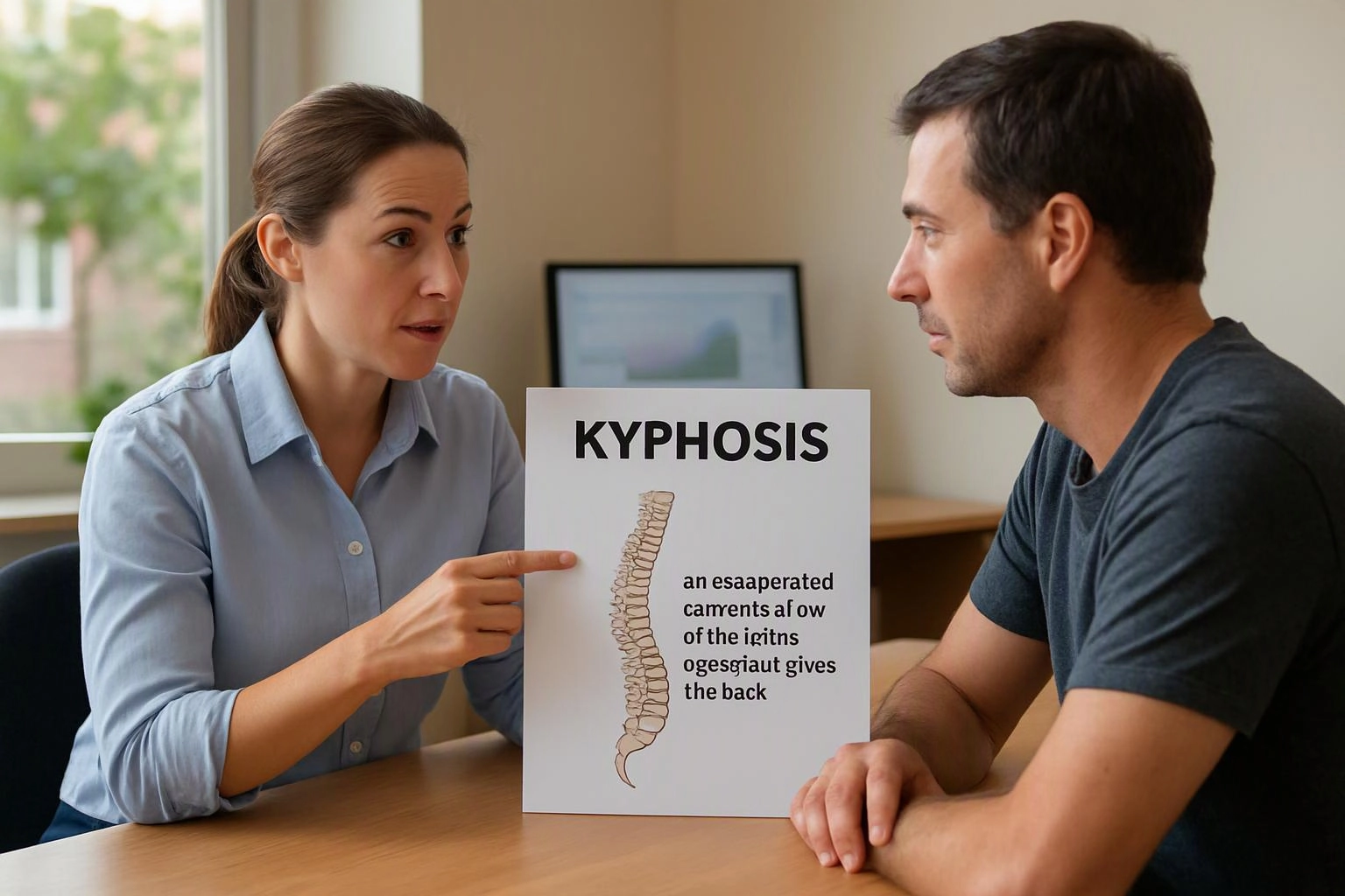 A woman points to a kyphosis poster while speaking with a seated man at a table in a bright office