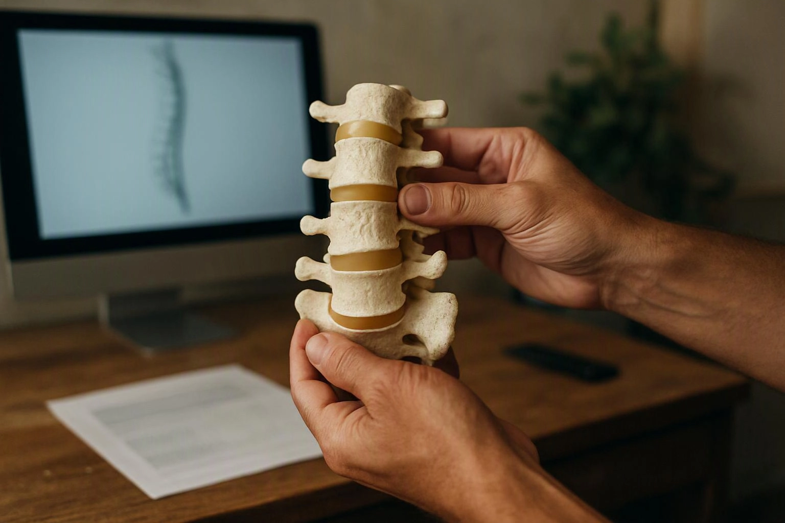 Hands hold a spine model in front of a computer monitor on a wooden desk