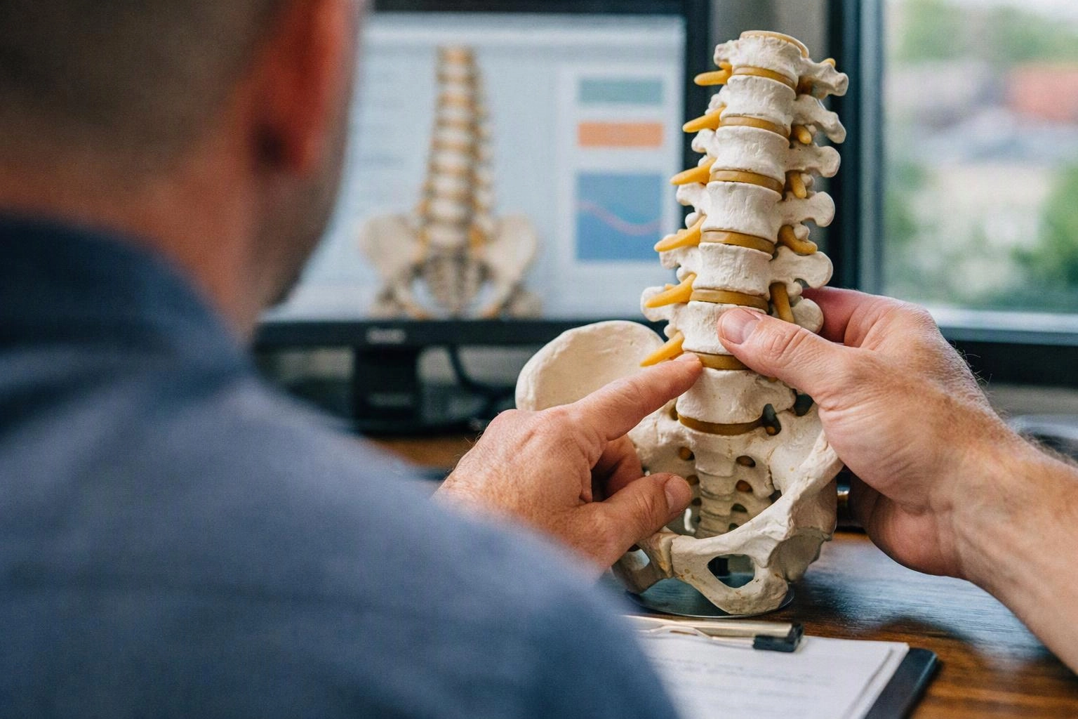 A person points at a spine model on a desk with a medical image on a monitor behind it
