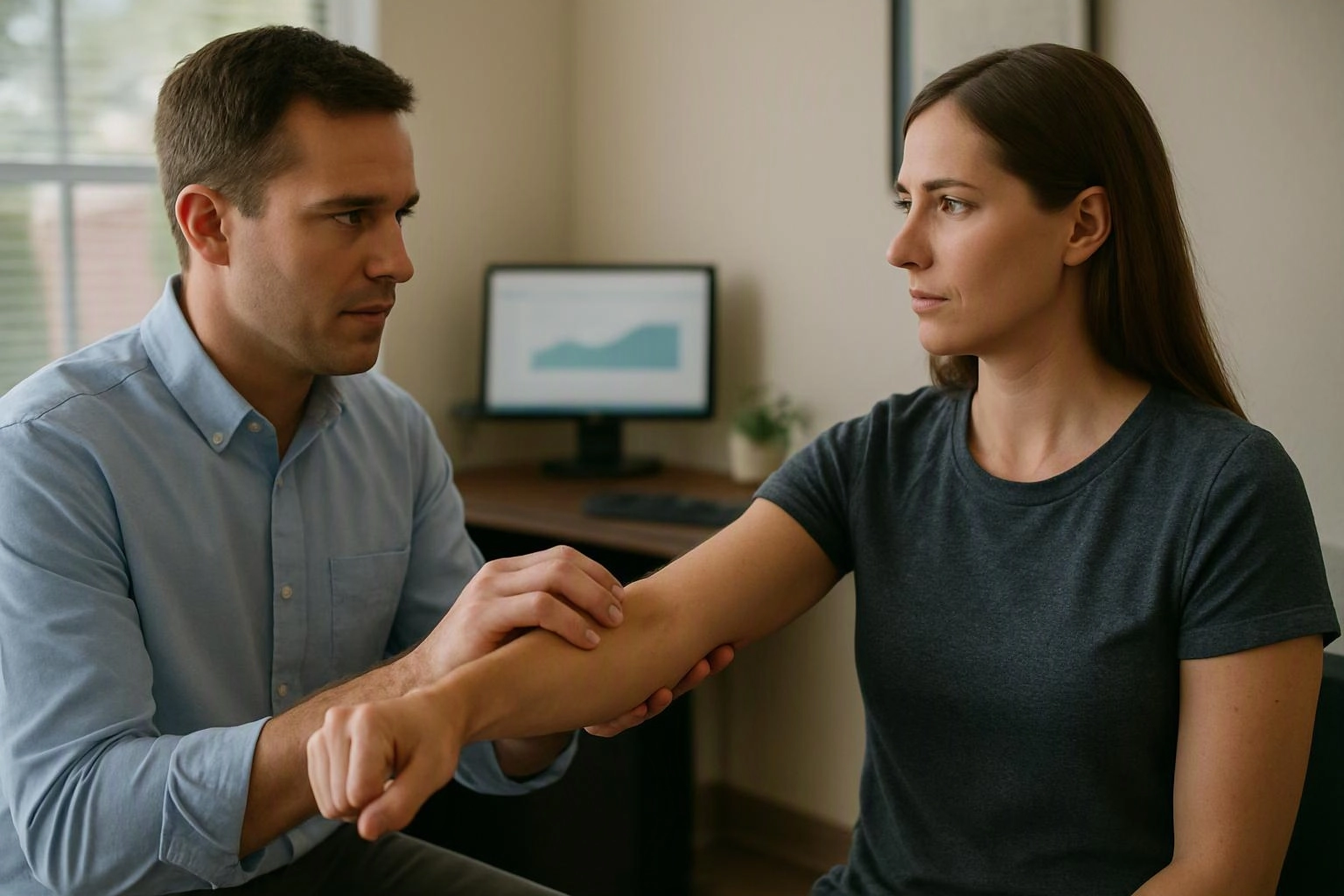 A man gently examines a woman’s extended arm in a quiet room with a computer monitor behind them