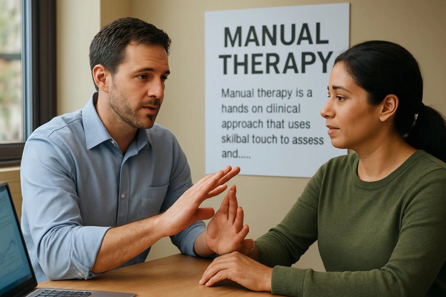 A man explains something to a woman across a desk, with a manual therapy poster behind them