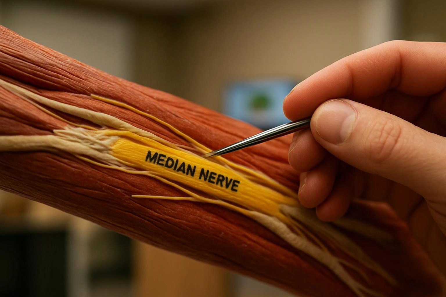A hand points tweezers at a labeled muscle model showing the median nerve