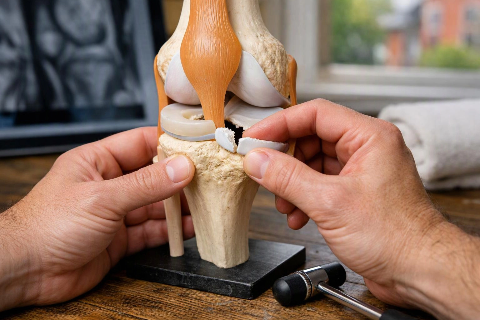Hands adjust a knee joint anatomy model on a wooden table near a window