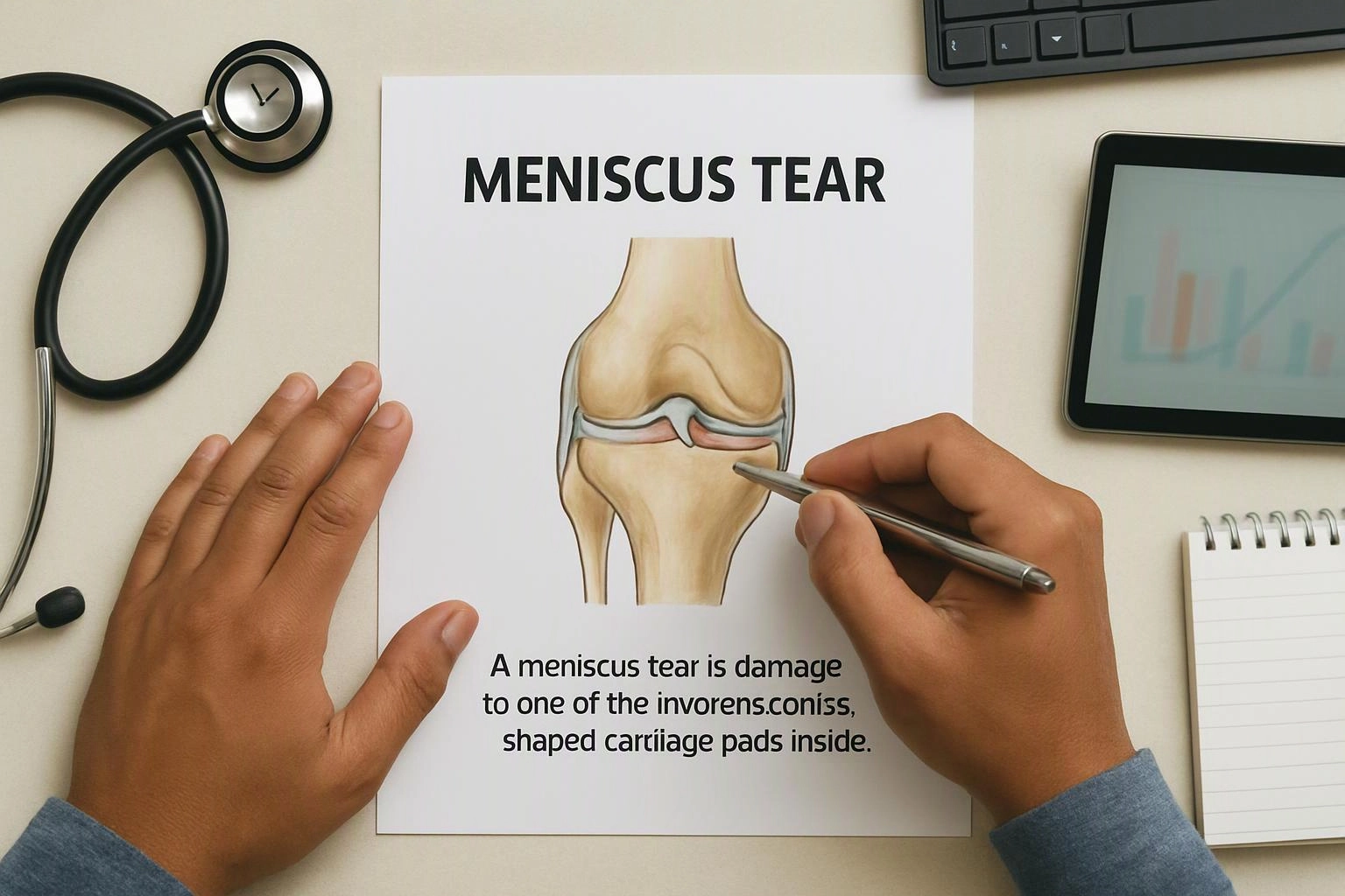 Hands point to a knee diagram labeled “MENISCUS TEAR” on a desk with a stethoscope and tablet