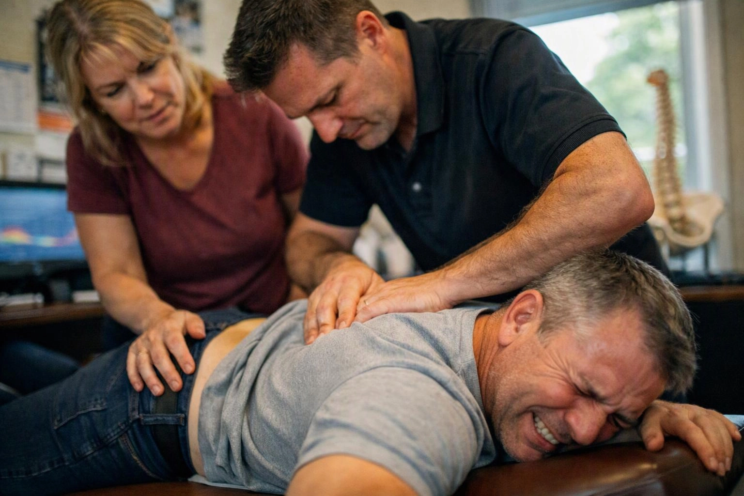 Two people press on a man lying face down on a table in a therapy room