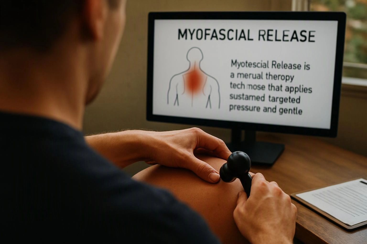 A person uses a massage tool on a leg while watching a myofascial release slide on a monitor