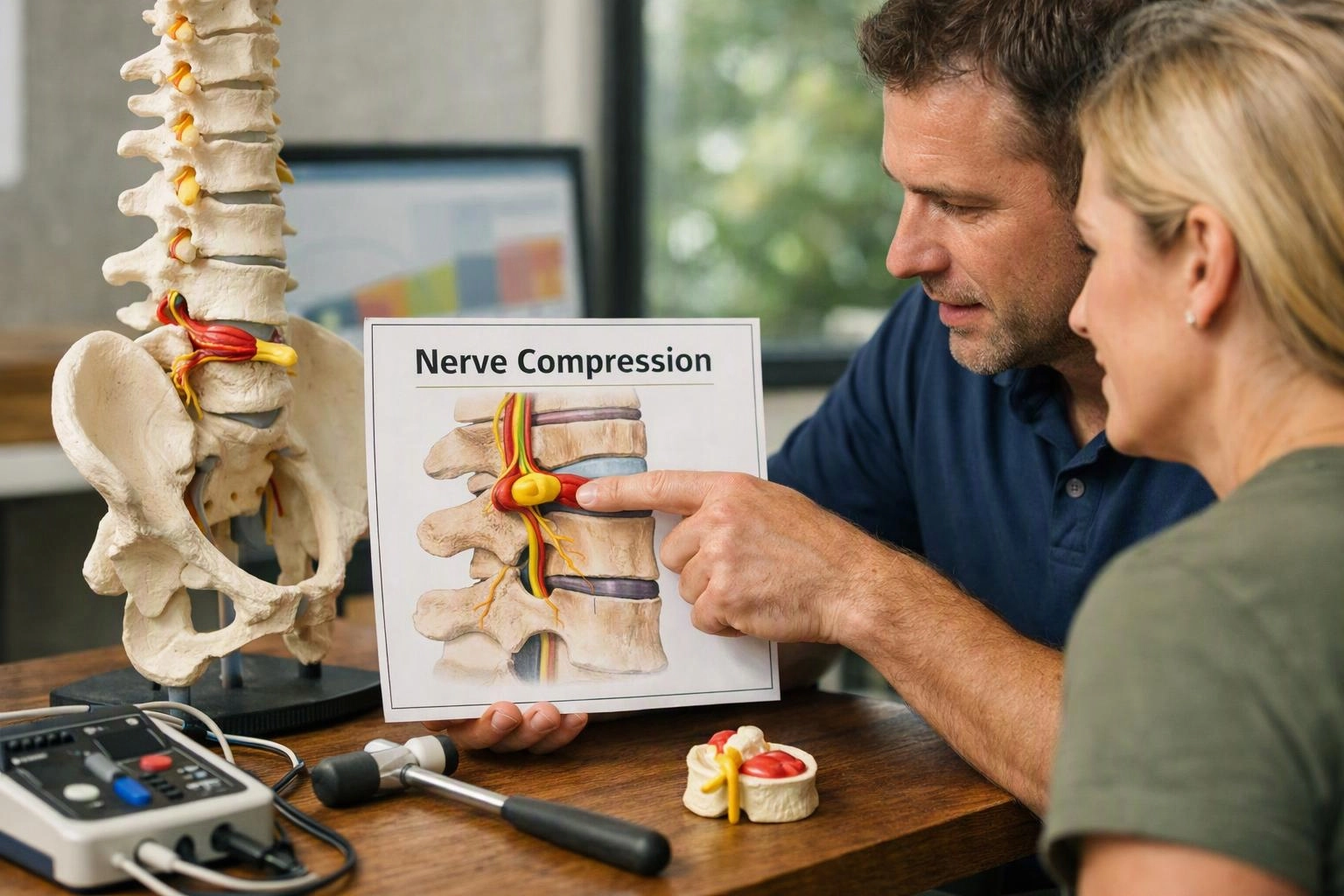 A man points to a spine diagram labeled “Nerve Compression” while talking with a woman beside a model skeleton