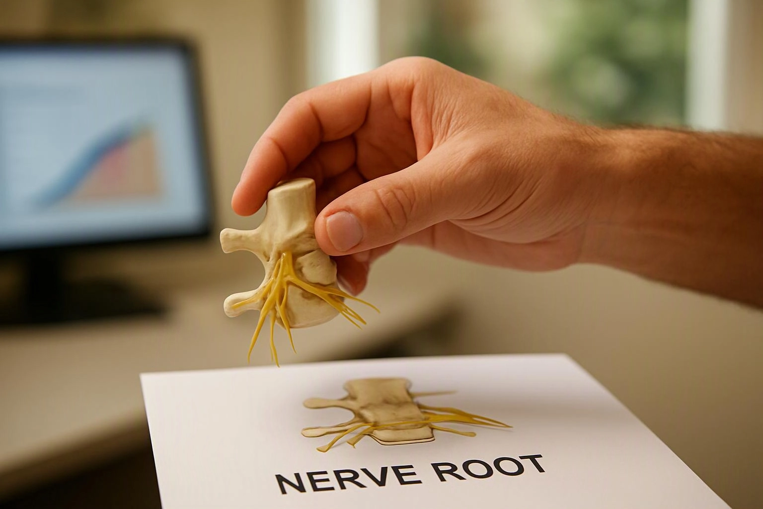 A hand holds a small spine model with yellow nerve roots above a paper labeled “NERVE ROOT”