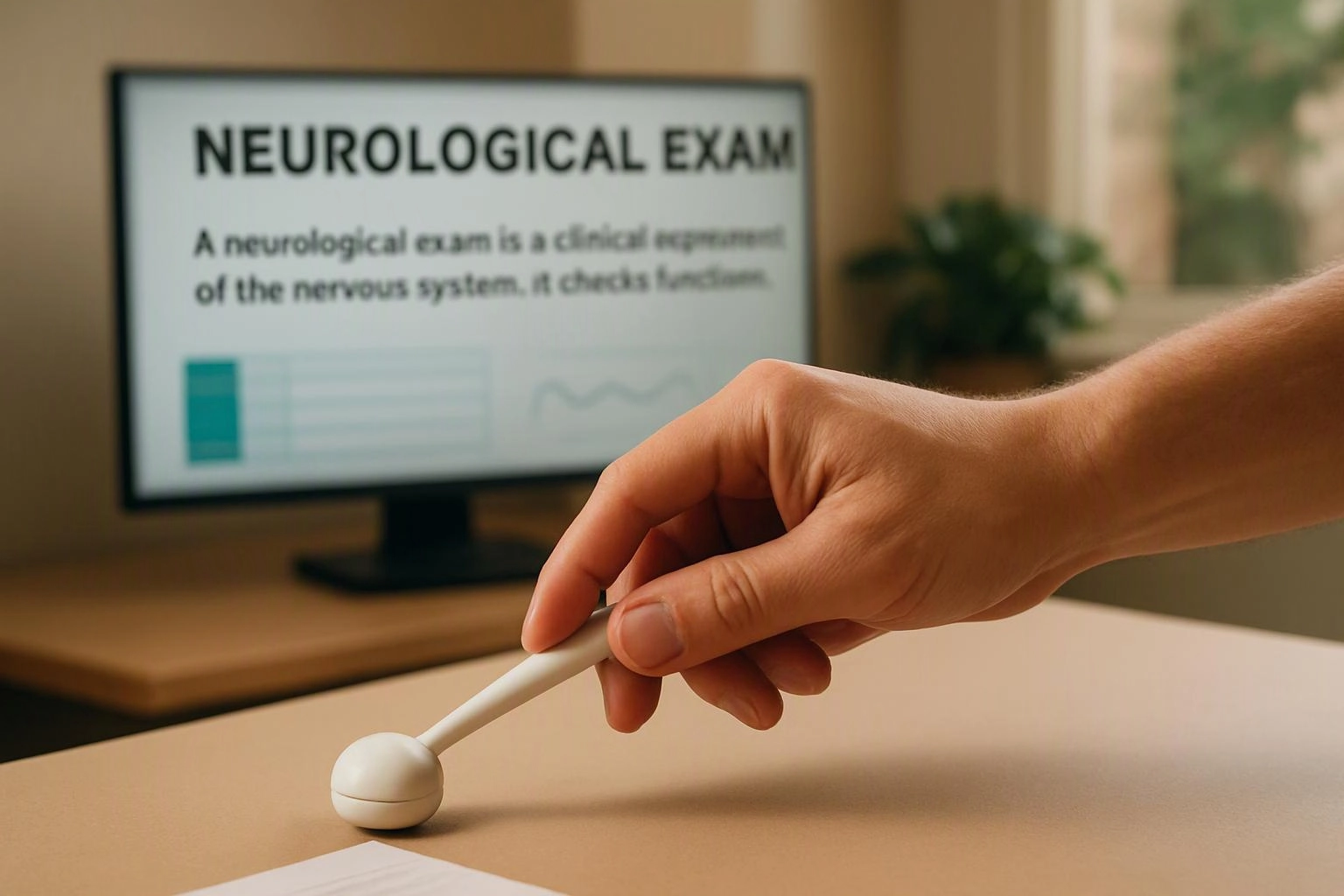 A hand holds a white reflex hammer over a table, with a blurred neurological exam slide on a monitor behind it