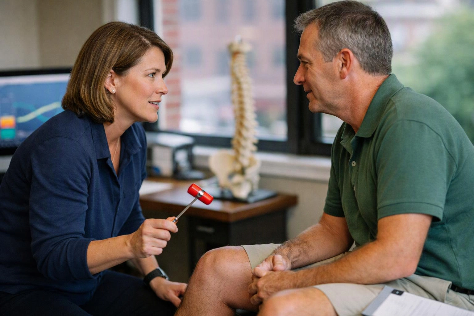 A woman taps a man’s knee with a reflex hammer in a bright medical exam room