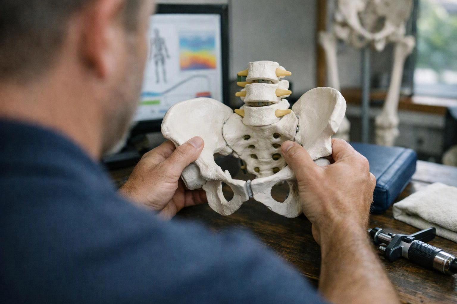 A man holds a pelvis and lower spine model at a desk in a medical office
