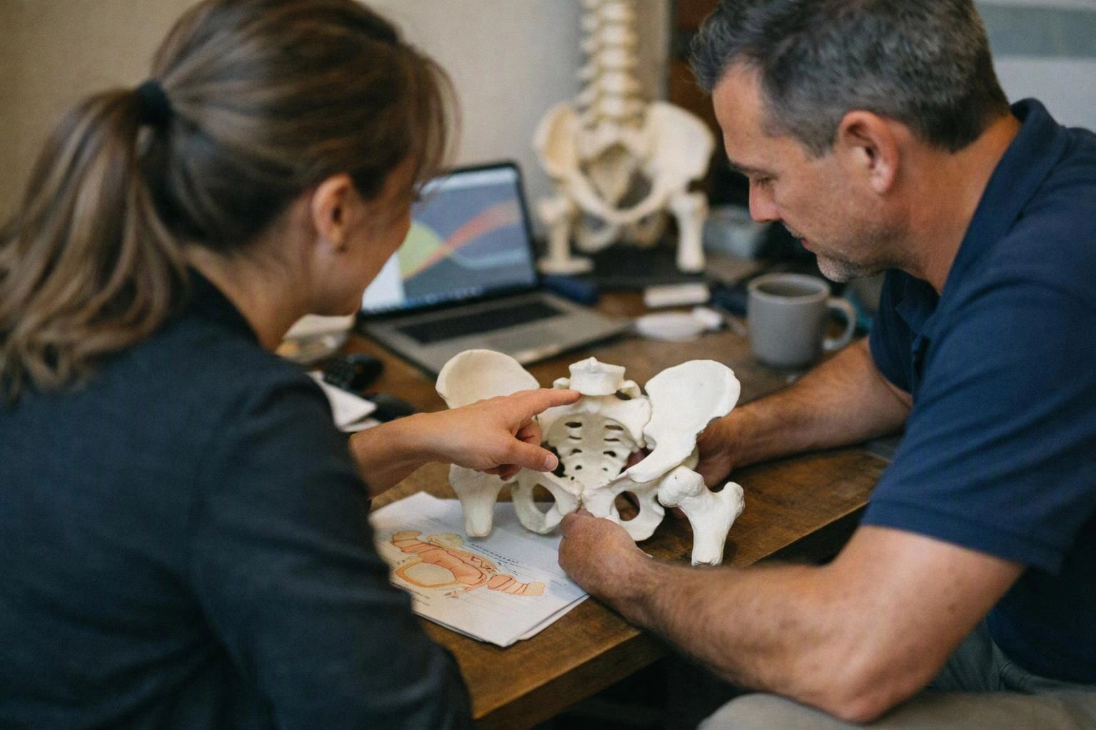 Two adults examine a pelvis model at a desk with a laptop, mug, and spine model in the background