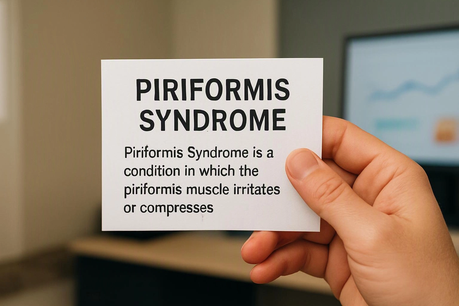 A hand holds a card reading “PIRIFORMIS SYNDROME” in front of a blurred computer monitor