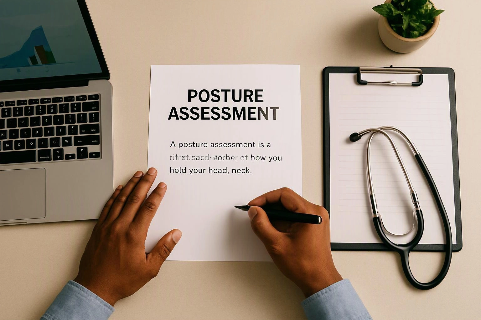 Hands hold a pen over a posture assessment sheet beside a laptop, clipboard, stethoscope, and small plant on a desk