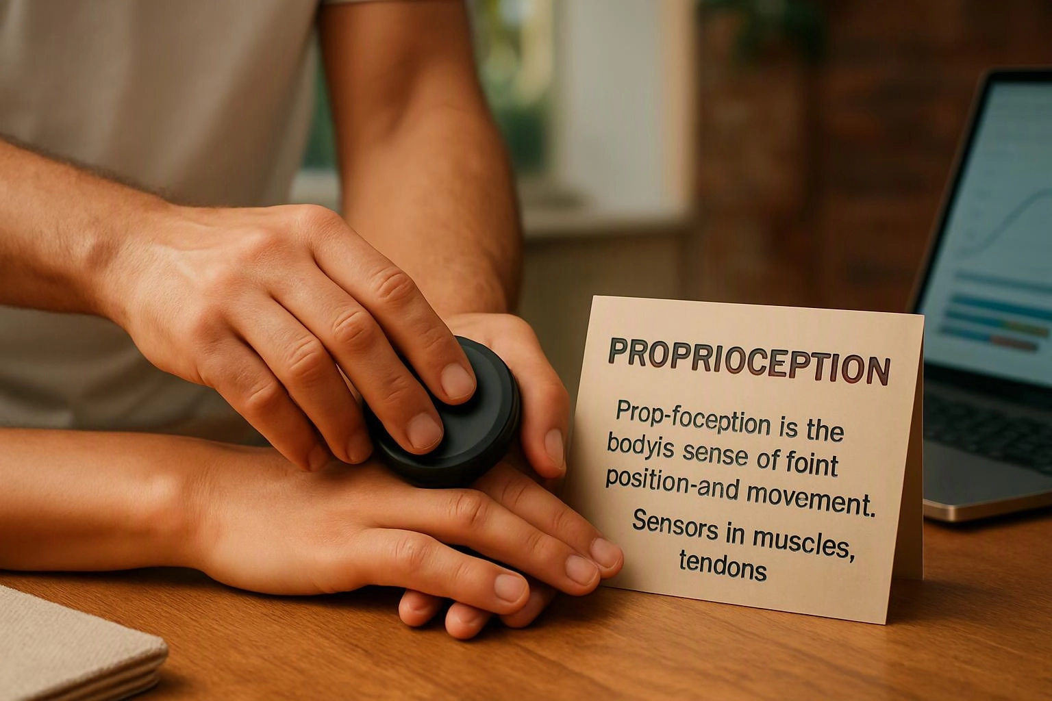 A person presses a round black tool on a hand beside a card about proprioception on a wooden table