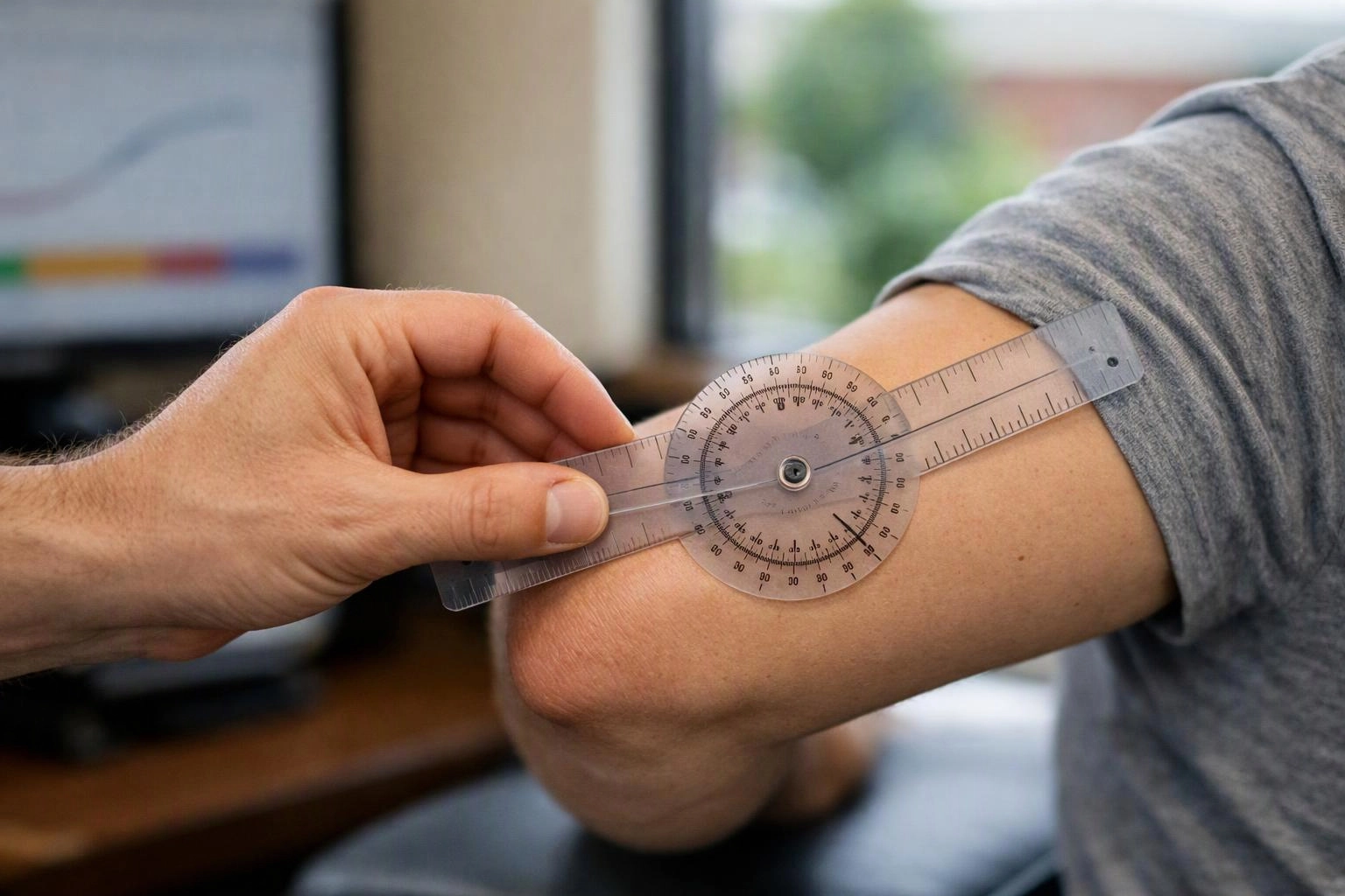 A hand measures an elbow with a transparent goniometer in a bright room