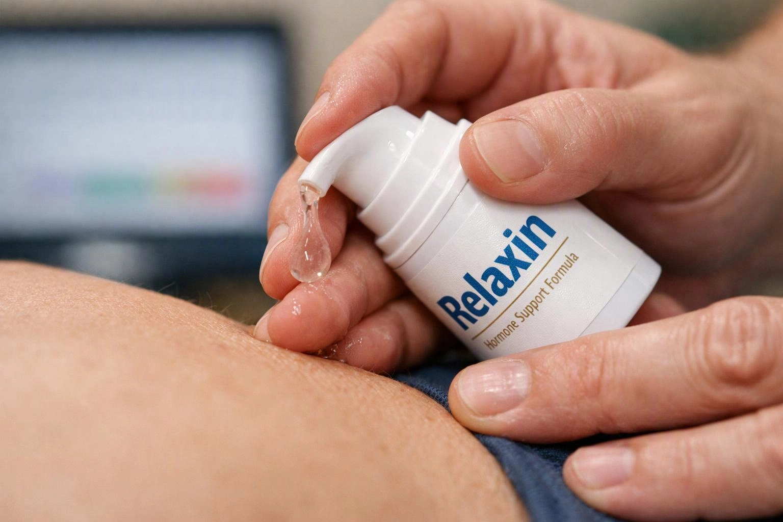 Hands squeeze a white pump bottle labeled “Relaxin” onto skin, with a blurred screen in the background