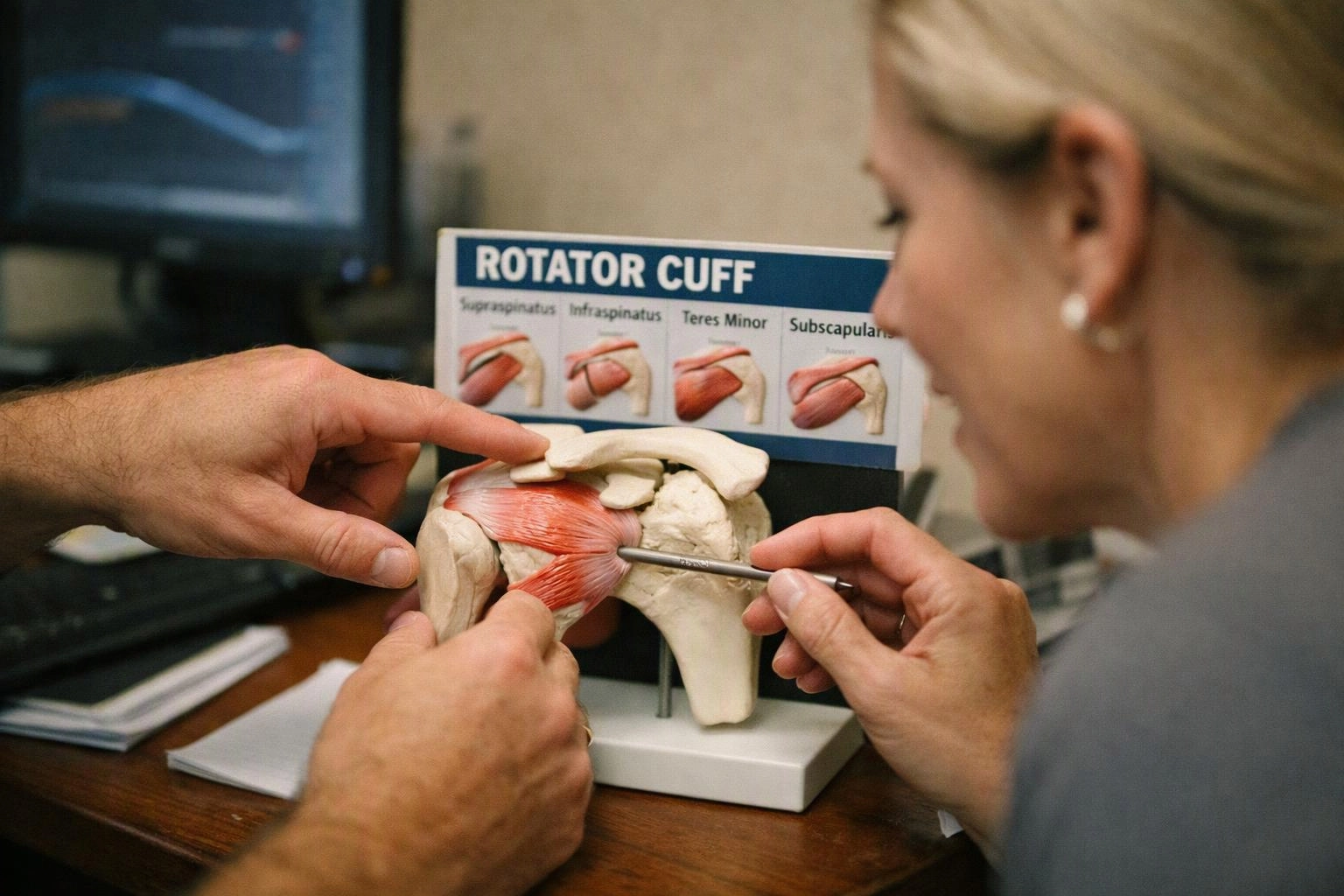 Two people point at a shoulder anatomy model while a rotator cuff chart stands behind it