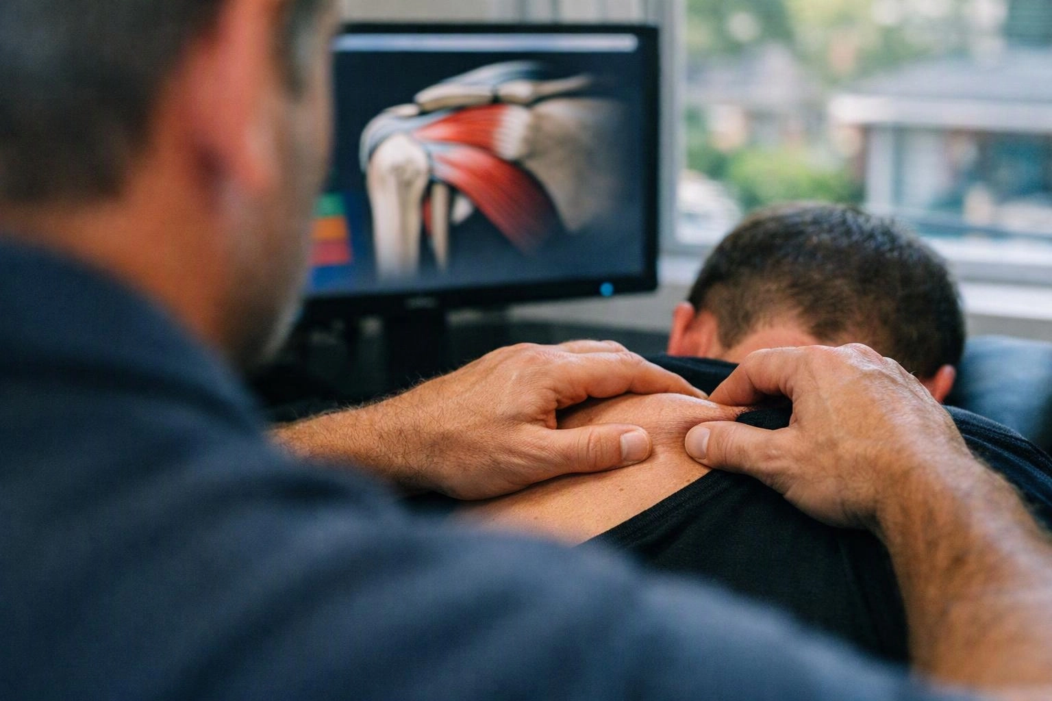 A massage therapist presses a client’s upper back while an anatomy screen glows behind them