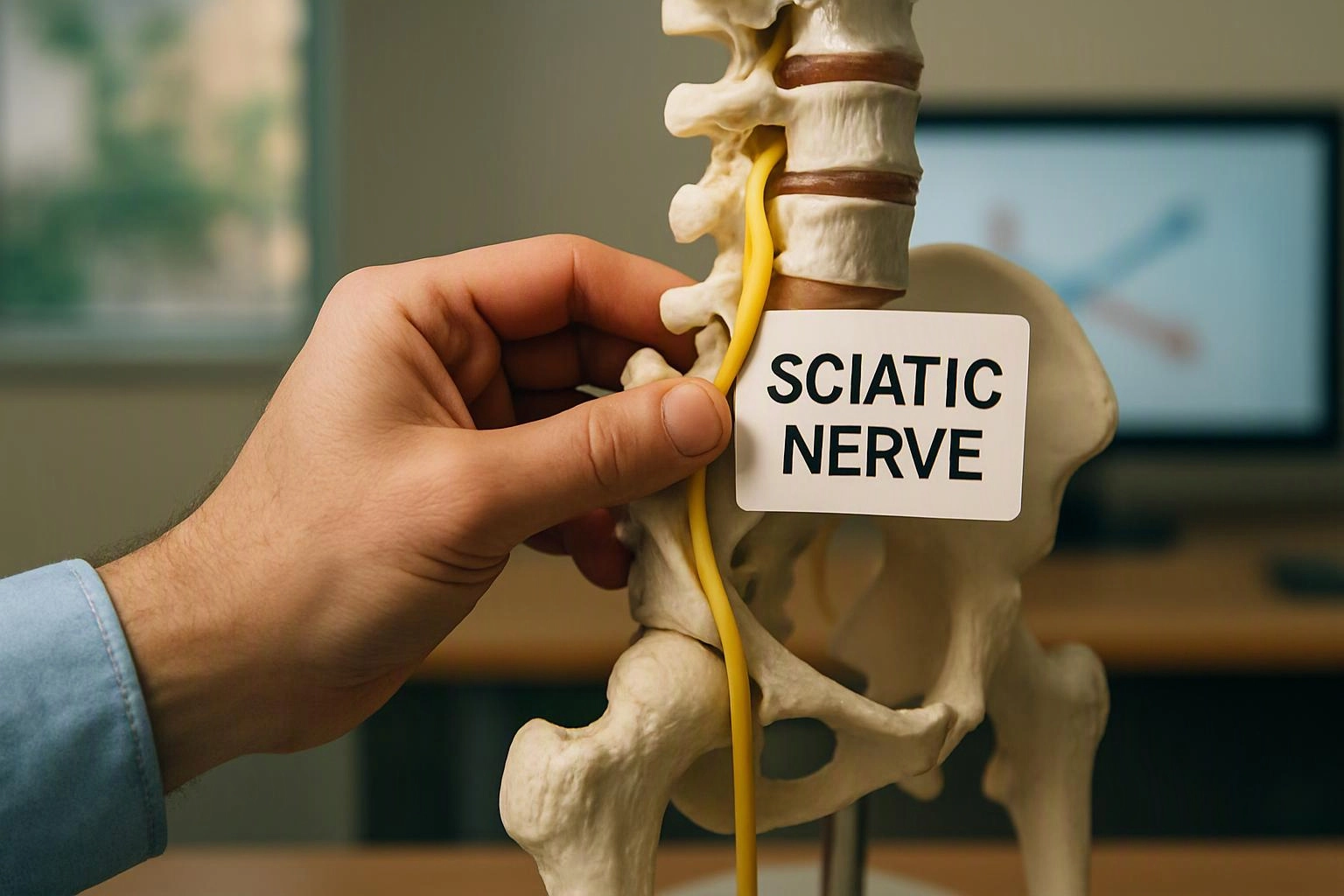 A hand points to a pelvis spine model labeled "SCIATIC NERVE" in a clinic room